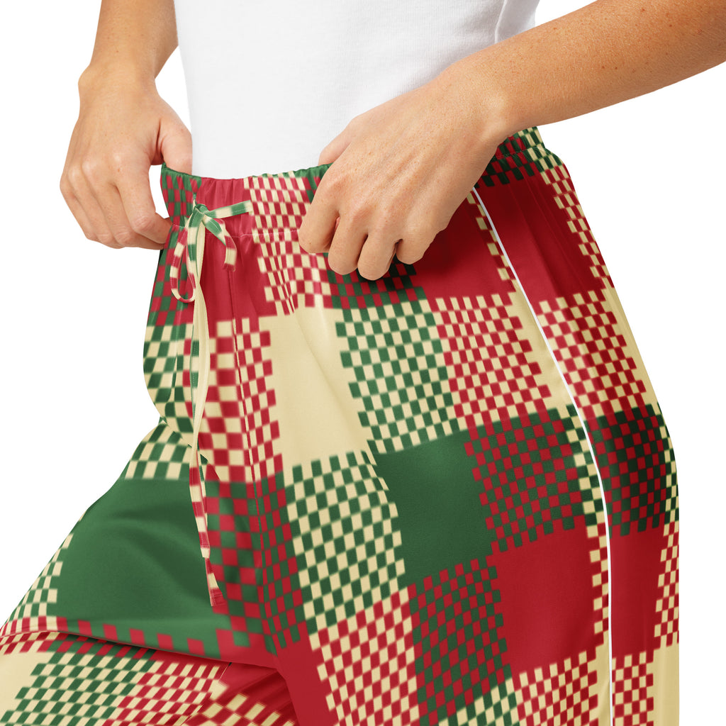 Women’s christmas plaid pajama pants in red green and cream with lightweight woven checkered pattern and drawstring waist