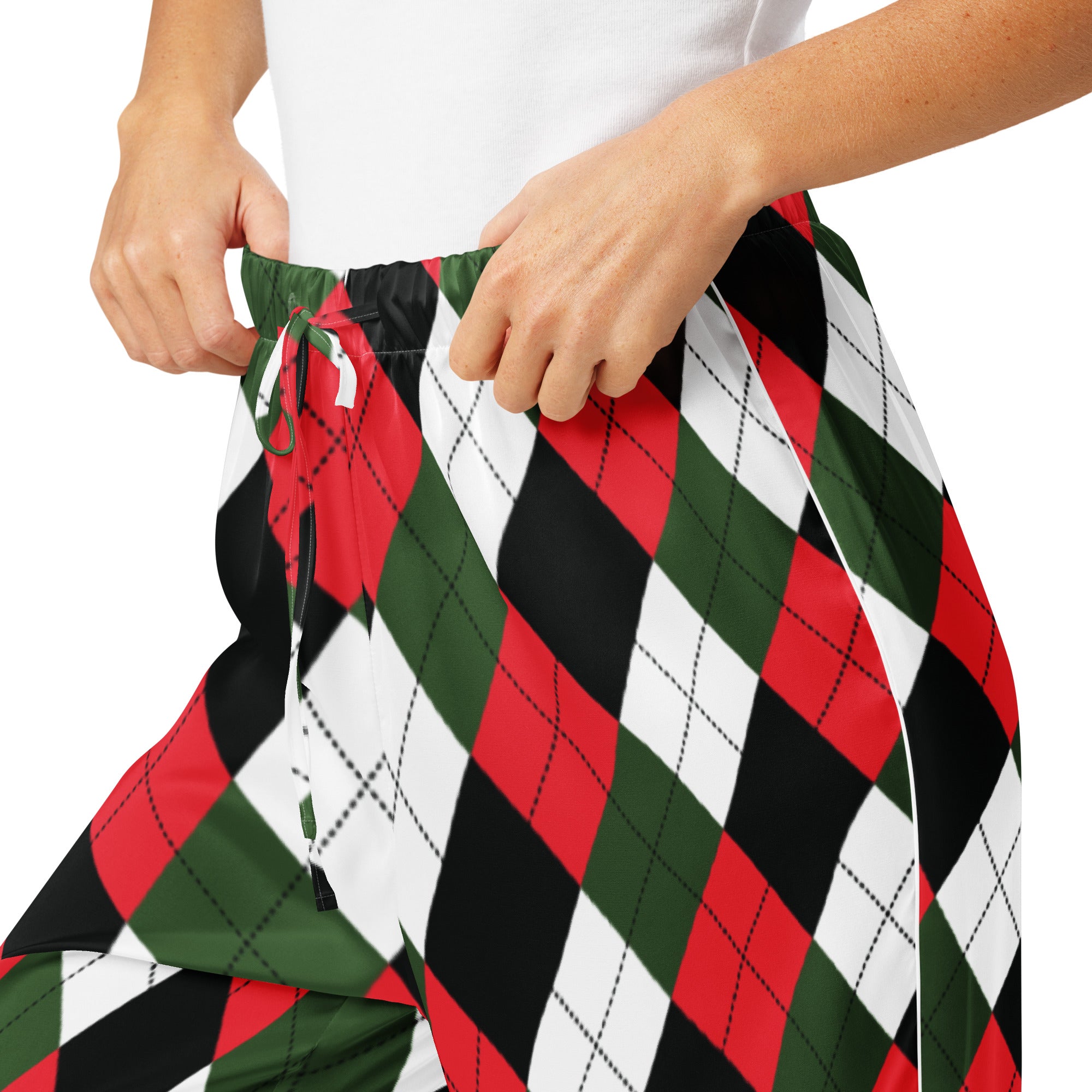 Women’s lightweight relaxed fit christmas argyle pajama pants in red green and black with drawstring waist