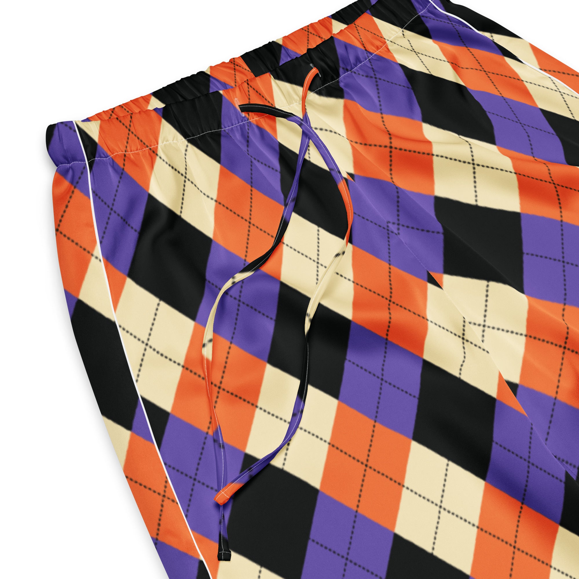 Women’s halloween argyle pajama pants in lightweight fabric with vibrant orange purple and black argyle pattern and drawstring waist