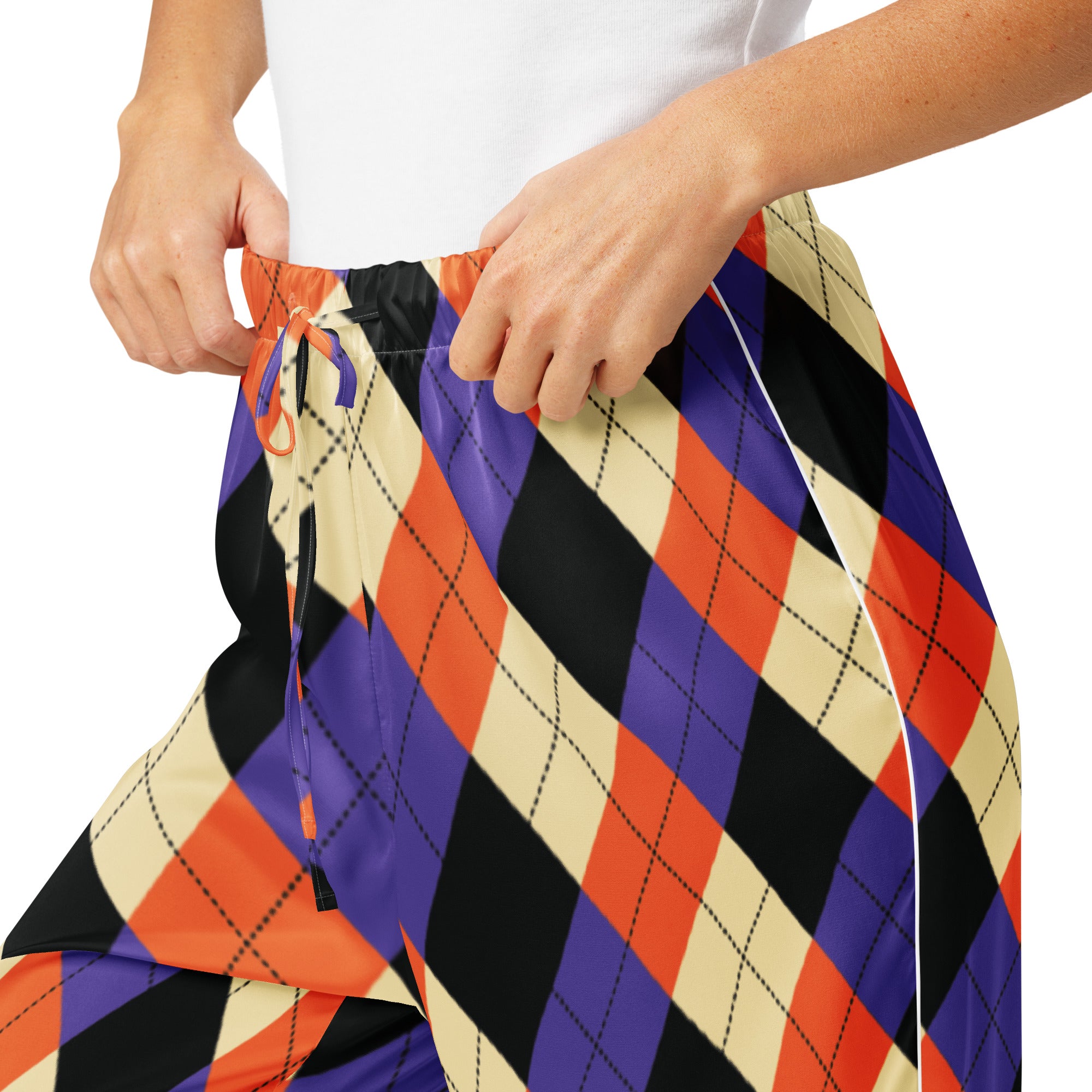 Women’s Halloween argyle pajama pants in bold purple orange black and cream with lightweight fabric and drawstring waist