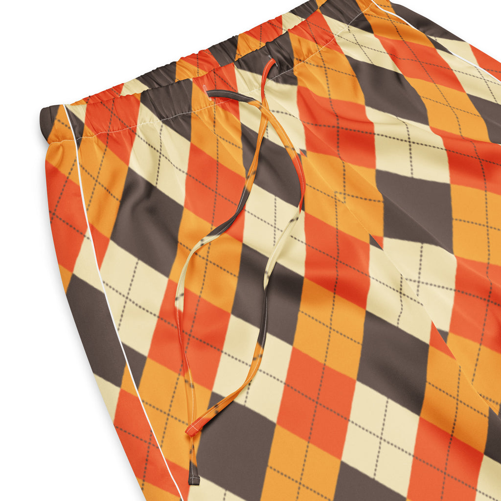 Women’s fall argyle pajama pants with orange black and cream pattern lightweight relaxed fit and drawstring waist
