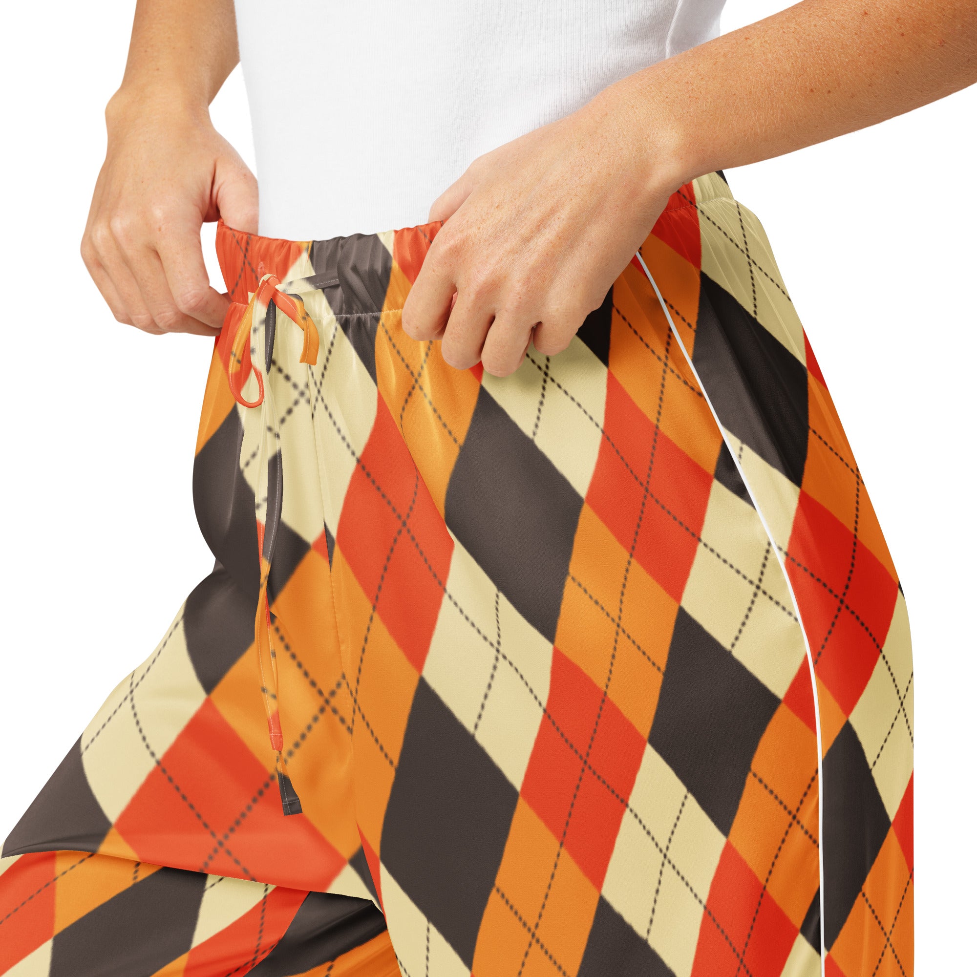 Women’s fall argyle pajama pants in orange black and cream with lightweight relaxed fit and drawstring waistband