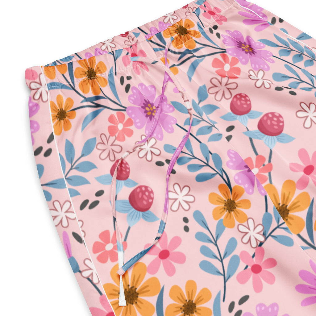 Women’s pink floral pajama shorts with a lightweight relaxed fit and drawstring waistband for comfort