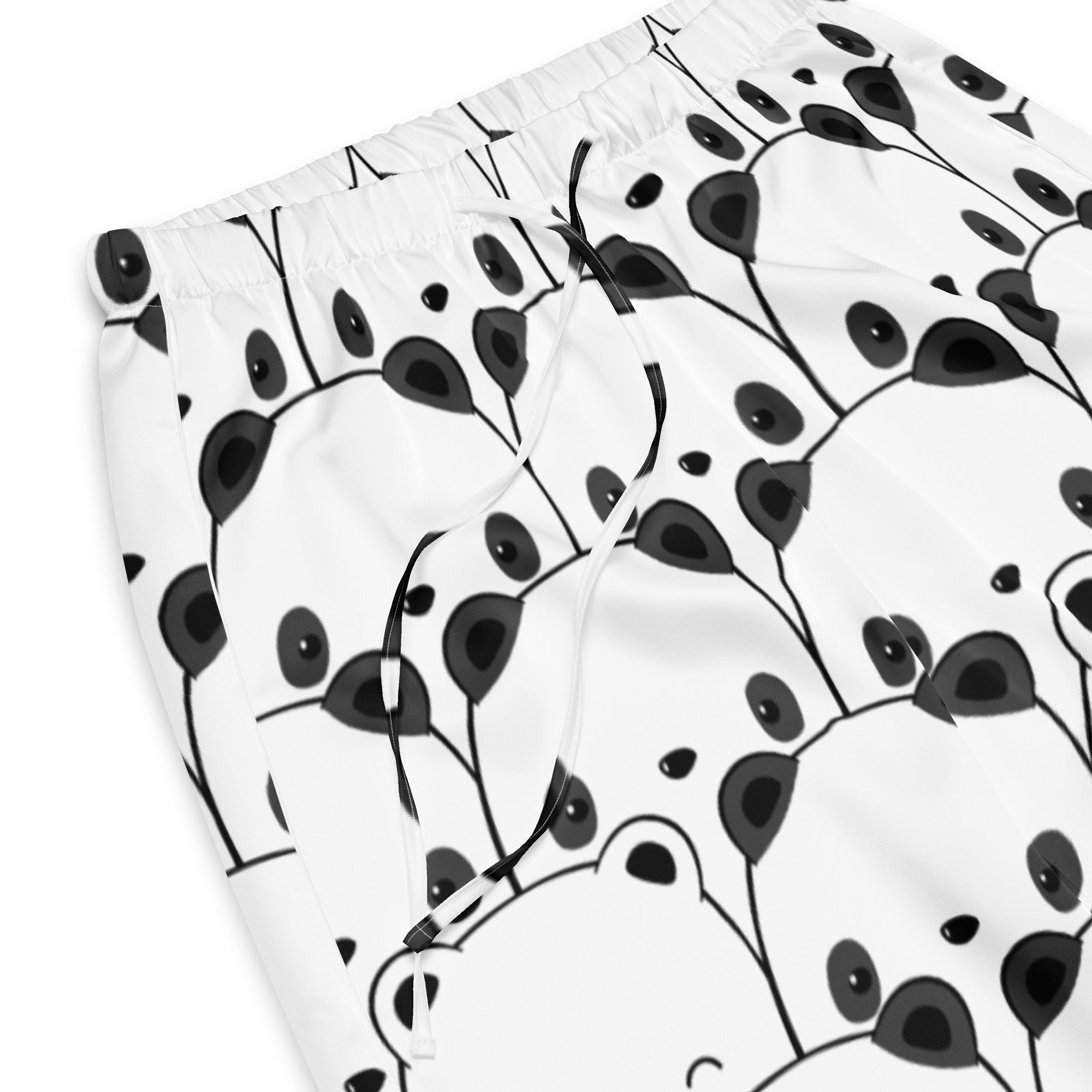 Women’s white pajama pants with playful black and white panda face pattern lightweight relaxed fit with drawstring waist