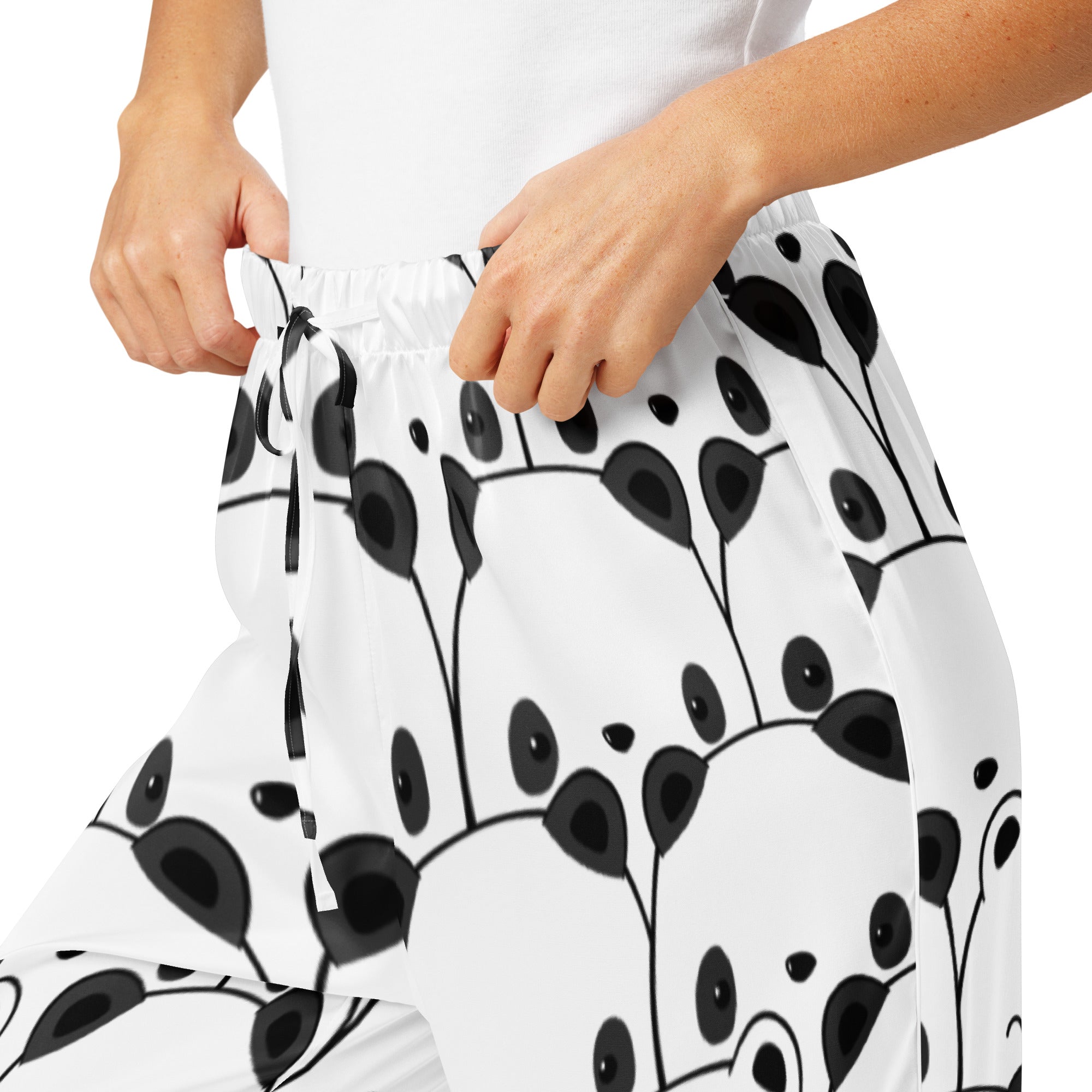 Women’s white lightweight pajama pants with playful black panda face print and stylized stems and leaves, drawstring waist