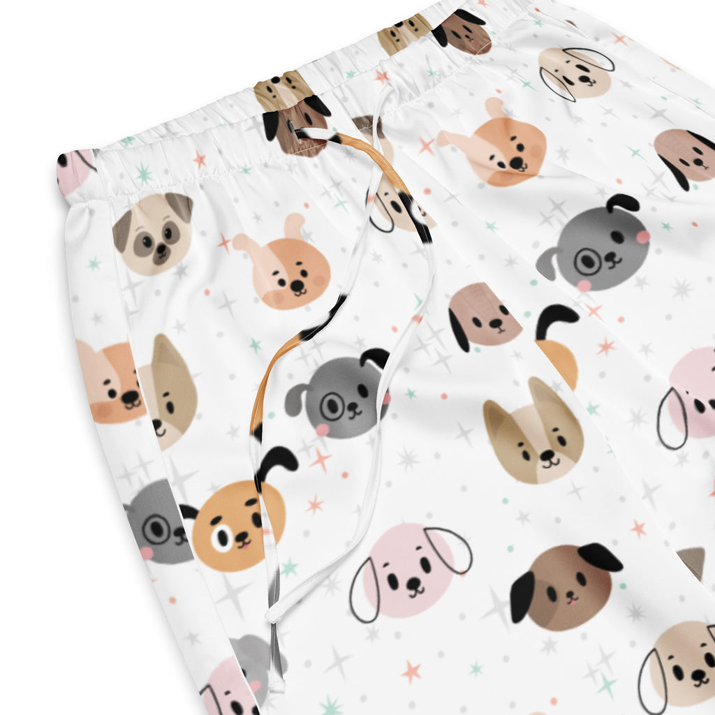 White lightweight women’s dog face pajama pants with pastel cartoon dog pattern and drawstring waist for relaxed fit