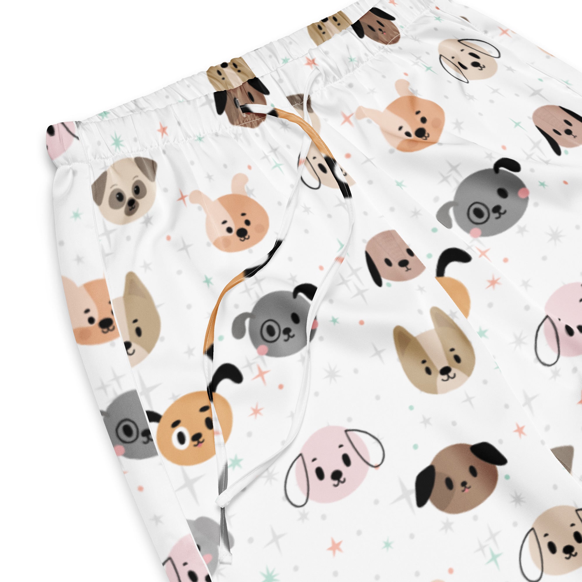 White lightweight women’s dog face pajama pants with pastel cartoon dog pattern and drawstring waist for relaxed fit