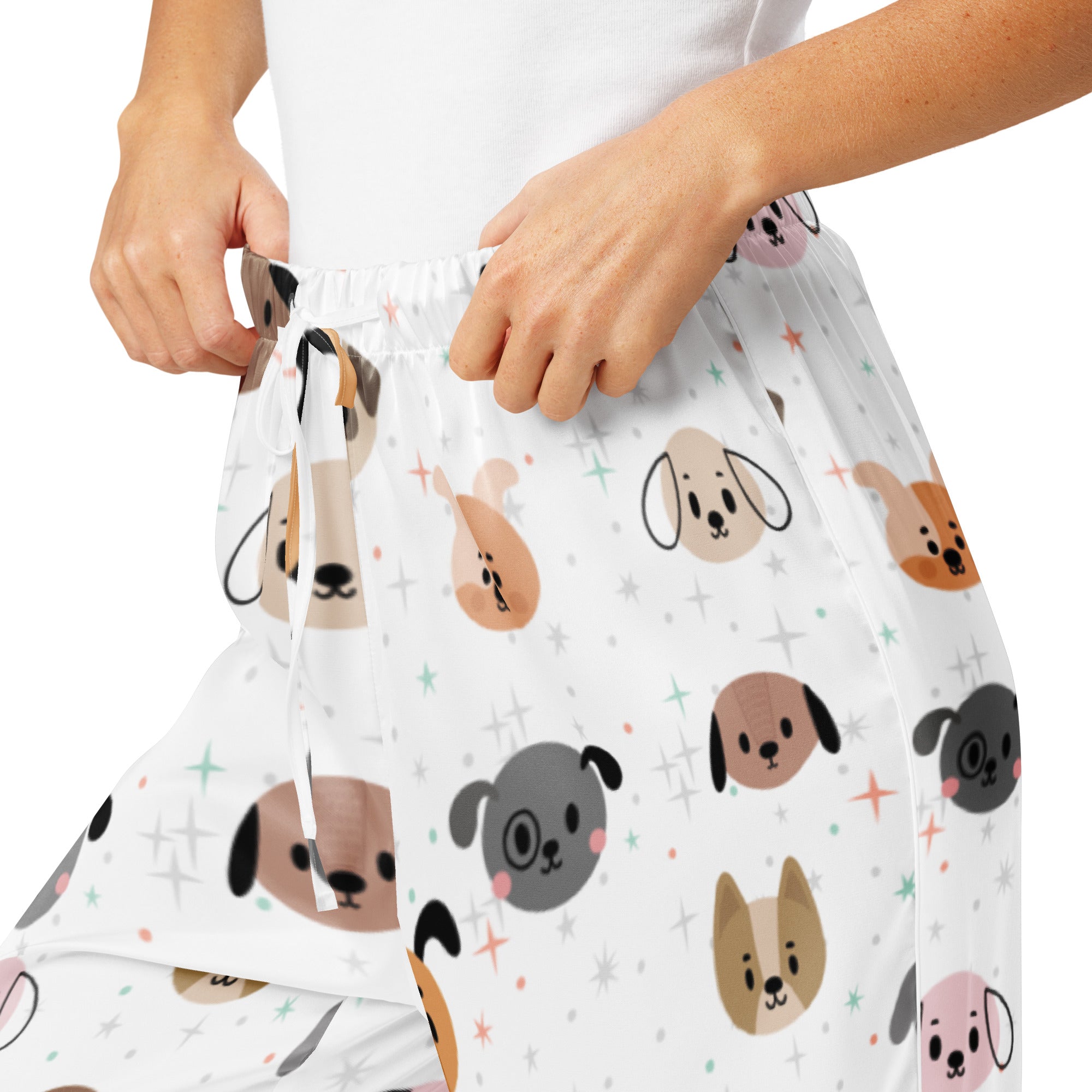 White women’s dog face pajama pants with cartoon dog pattern and star accents lightweight relaxed fit with drawstring waist