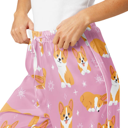 Women’s Pink Corgi Dog Pajama Pants – Lightweight Relaxed Fit with Drawstring Waist