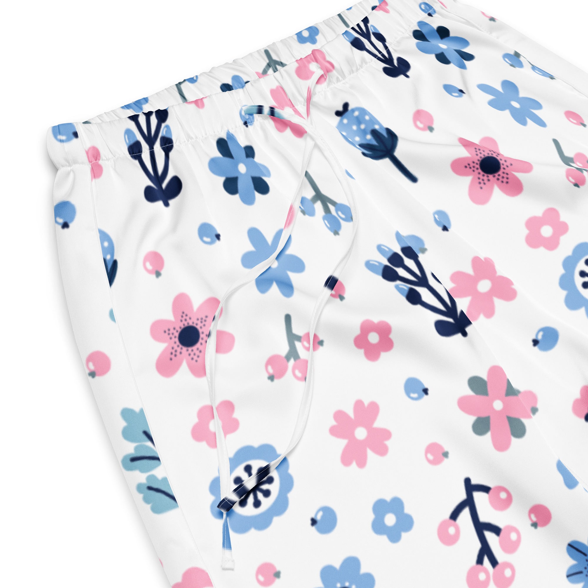 Women’s white lightweight floral pajama pants with pink and blue flowers navy stems and drawstring waist
