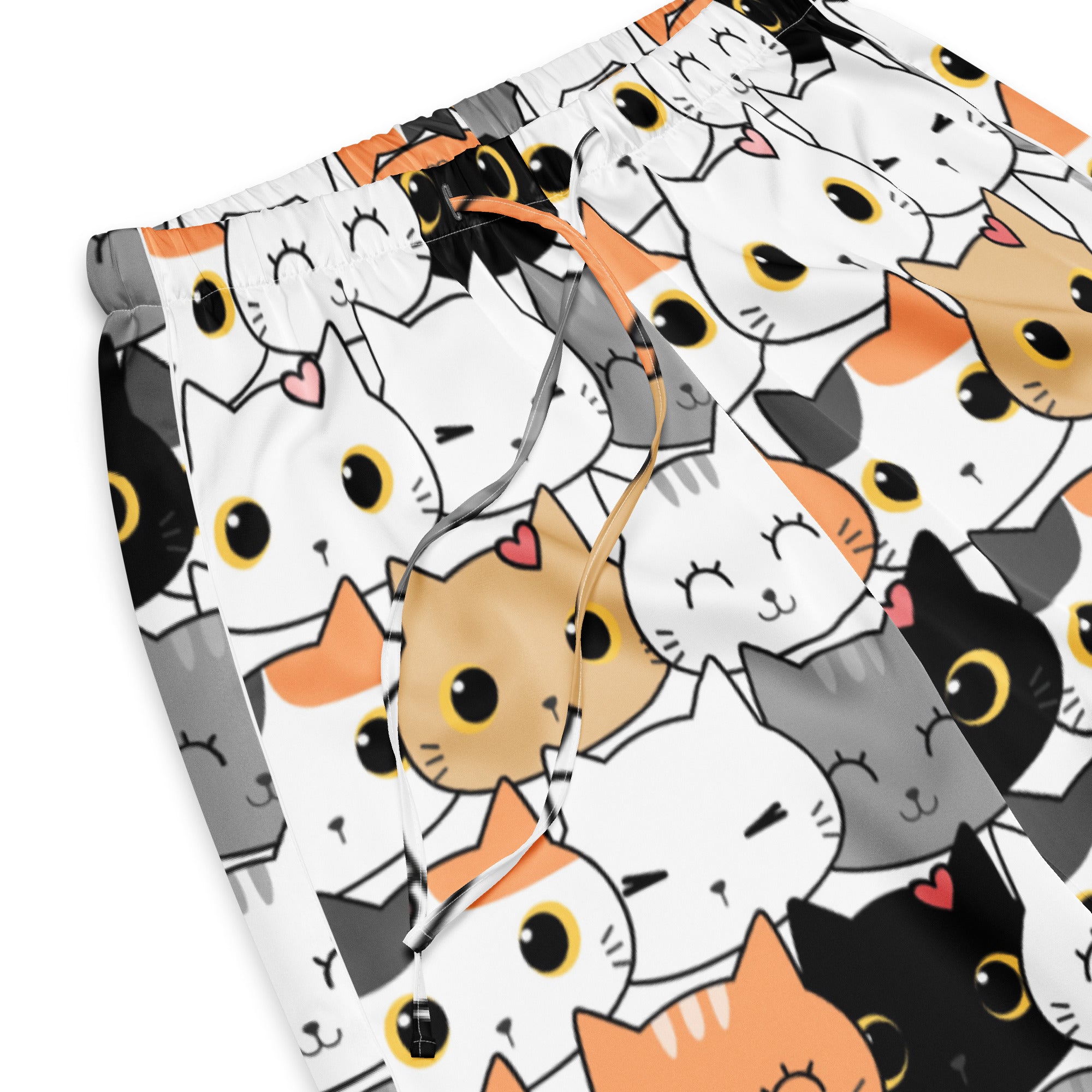 Women’s cat face pajama pants with playful white orange black and gray cartoon cats lightweight relaxed fit