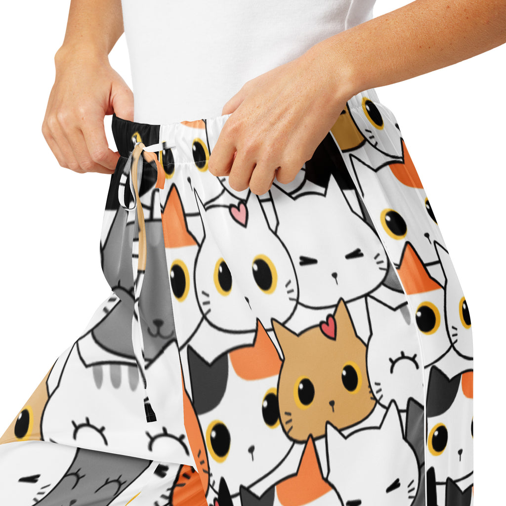 Women’s lightweight relaxed fit pajama pants with white gray and orange cartoon cat pattern and drawstring waist