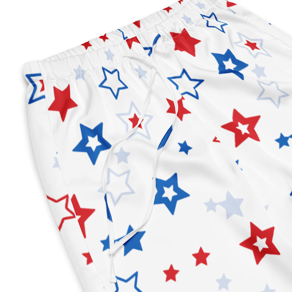 White women’s patriotic stars pajama shorts with red blue and gray star pattern lightweight relaxed fit with drawstring waist