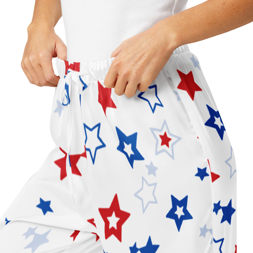 White women’s patriotic stars pajama pants with lightweight relaxed fit, drawstring waist, and red blue light gray star pattern