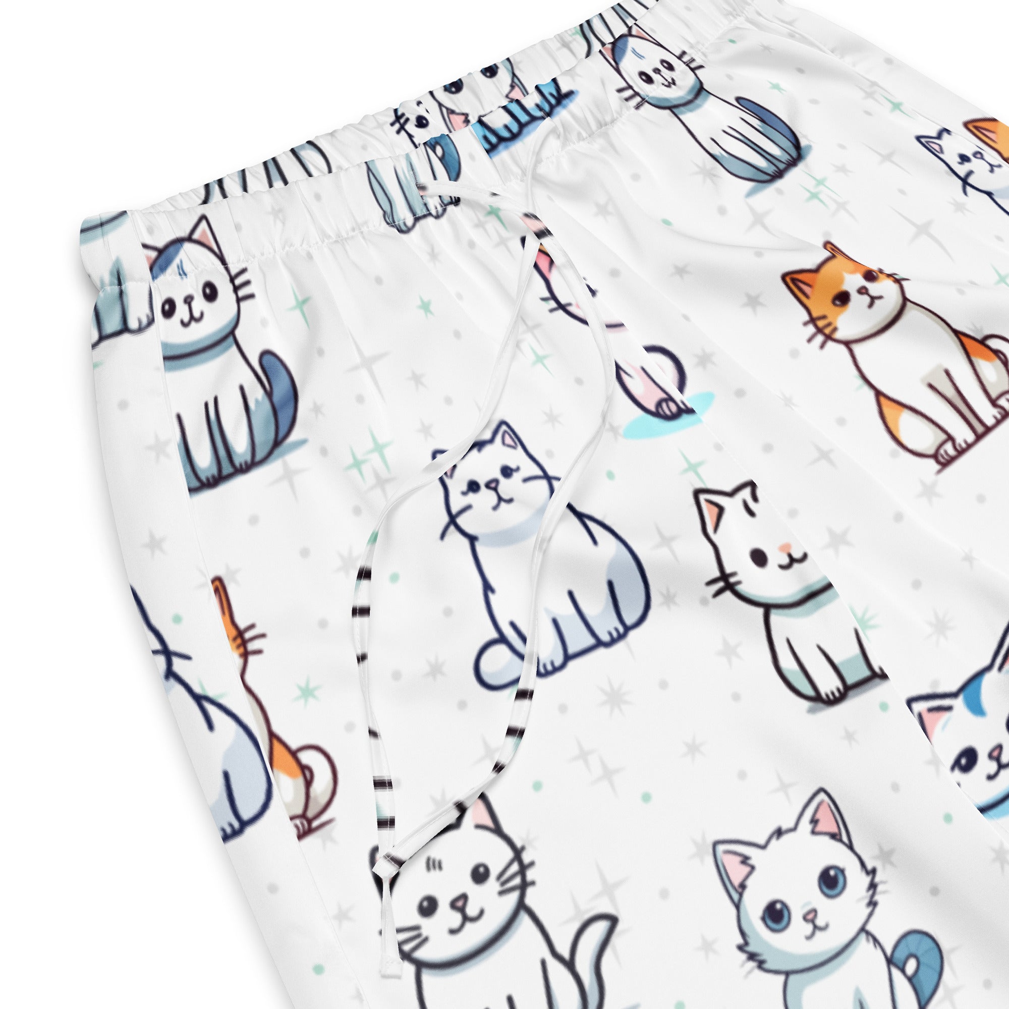 White women’s cute cat pajama pants with colorful cartoon cats lightweight relaxed fit drawstring waist