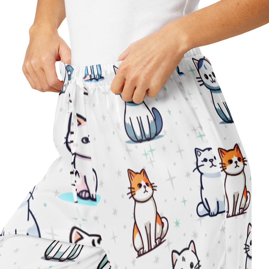 Women’s white lightweight pajama pants with playful multicolor cartoon cats and subtle star accents, relaxed fit with drawstring waist