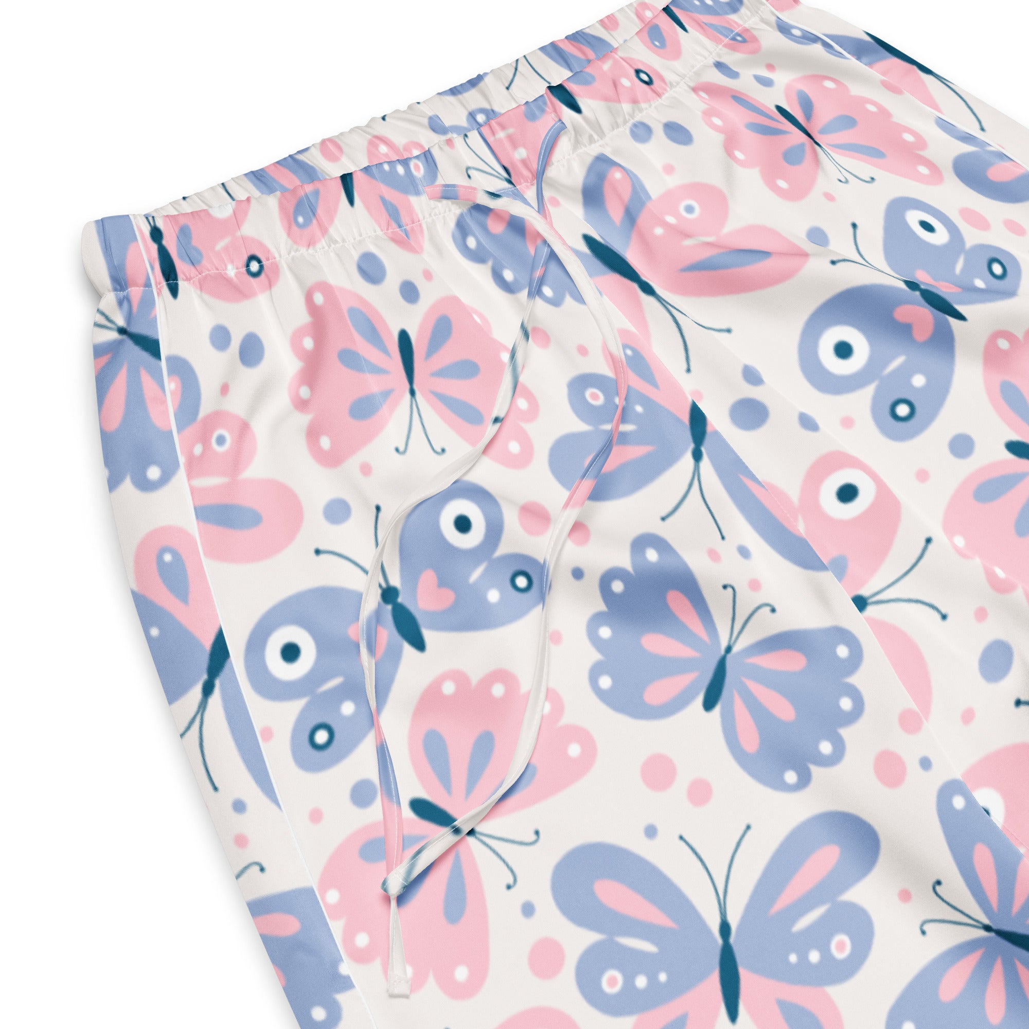 Women’s pastel pink and blue butterfly-patterned pajama pants with lightweight fabric and white elastic waistband