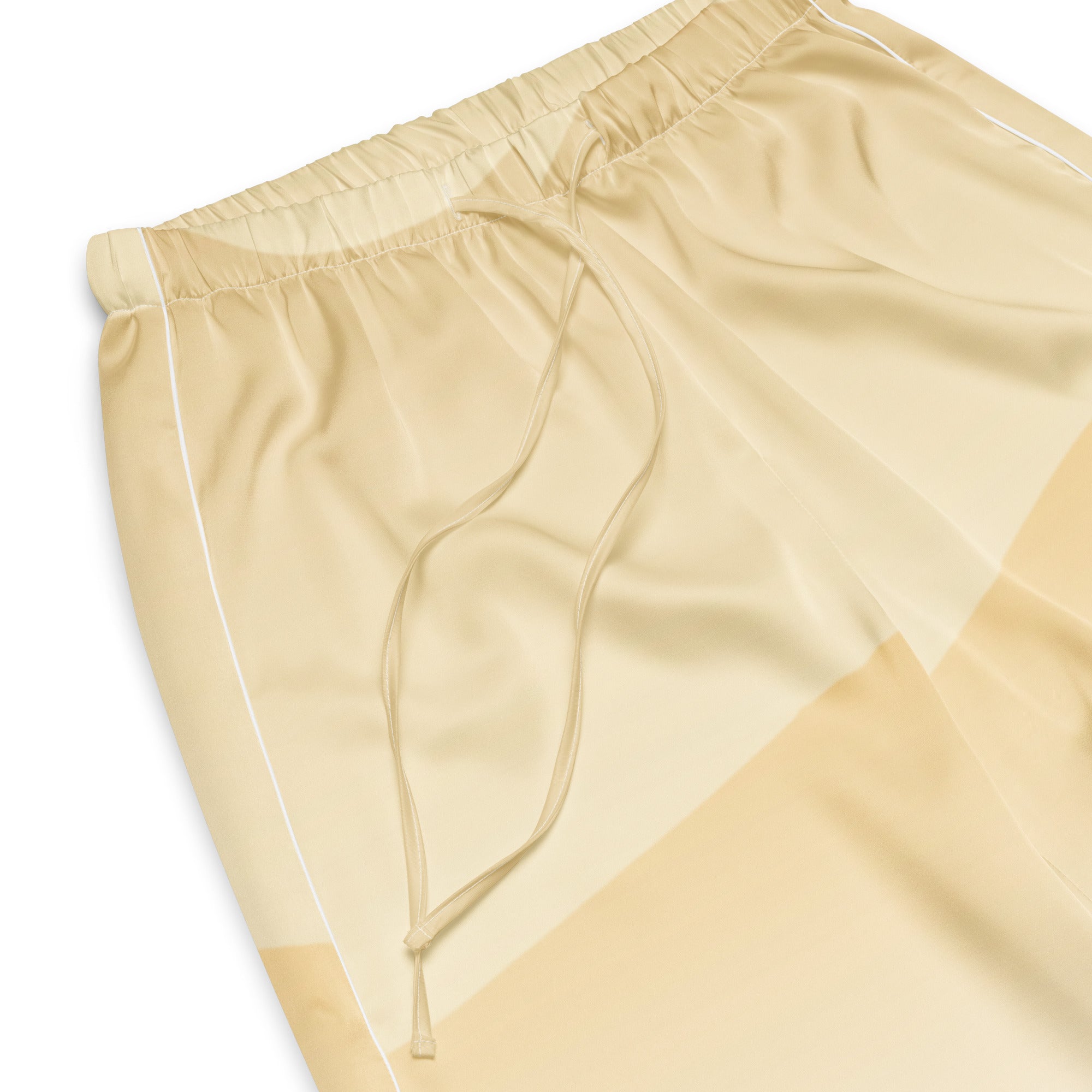 Beige women’s ocean sunset pajama pants with satin-like finish white piping lightweight relaxed fit drawstring waist