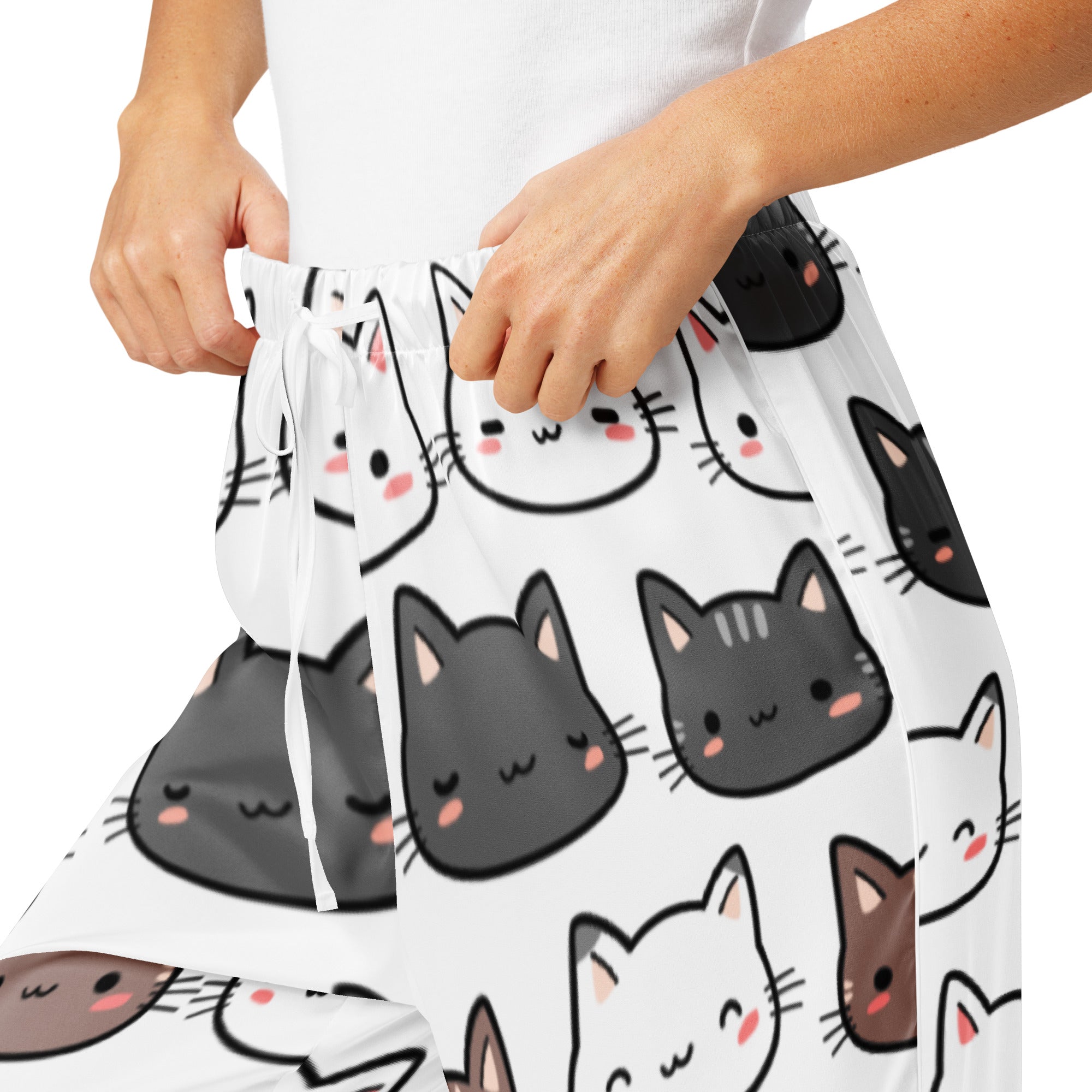 Women’s white lightweight pajama pants with relaxed fit and drawstring waist featuring playful cartoon cat print
