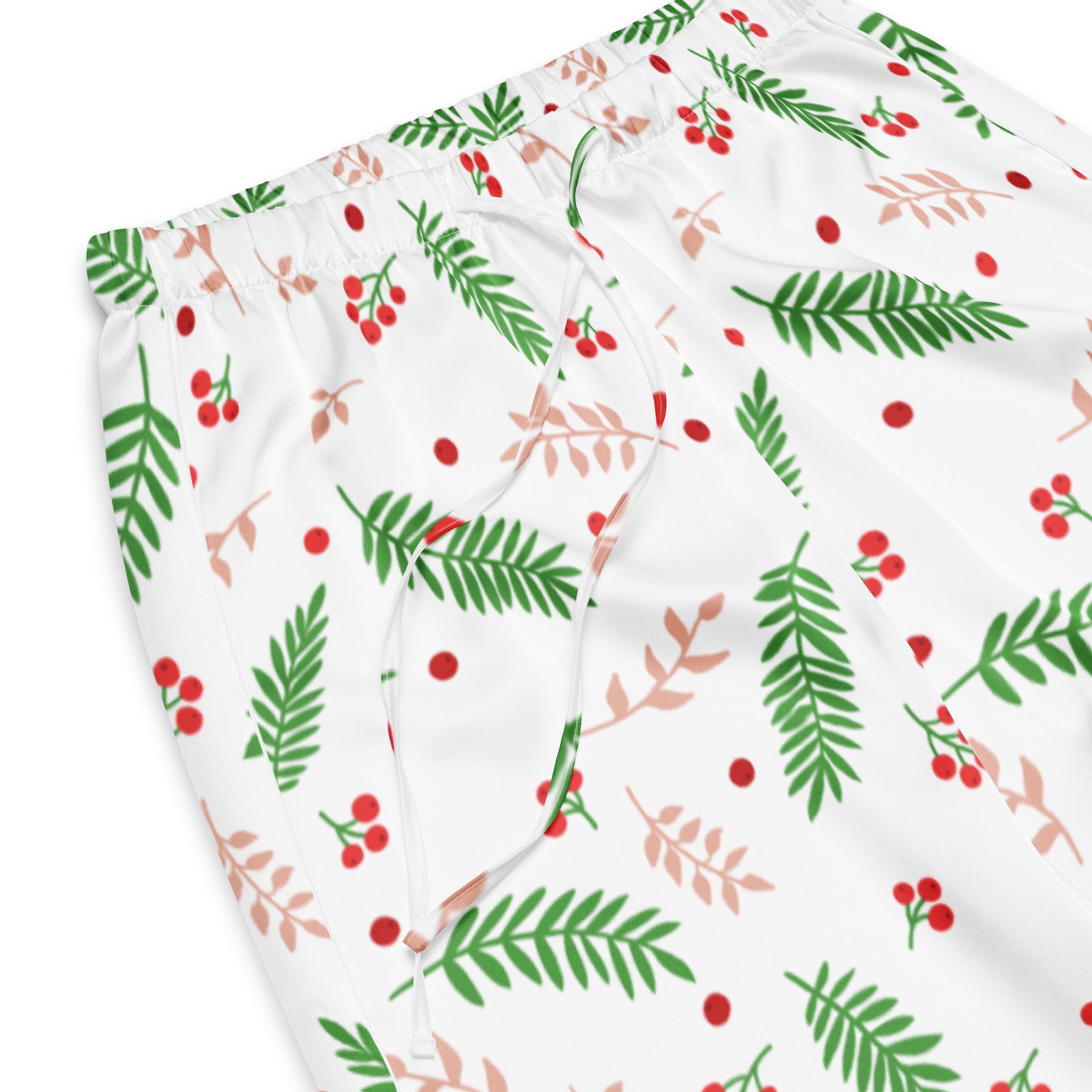 Women’s lightweight white pajama pants with green fern leaves pinkish brown branches and red berries relaxed fit
