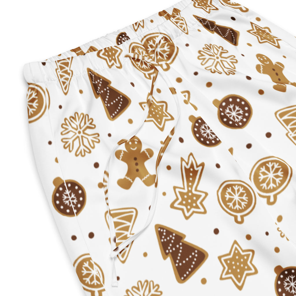 Women’s white lightweight relaxed fit pajama pants with drawstring waist and festive gingerbread cookie print