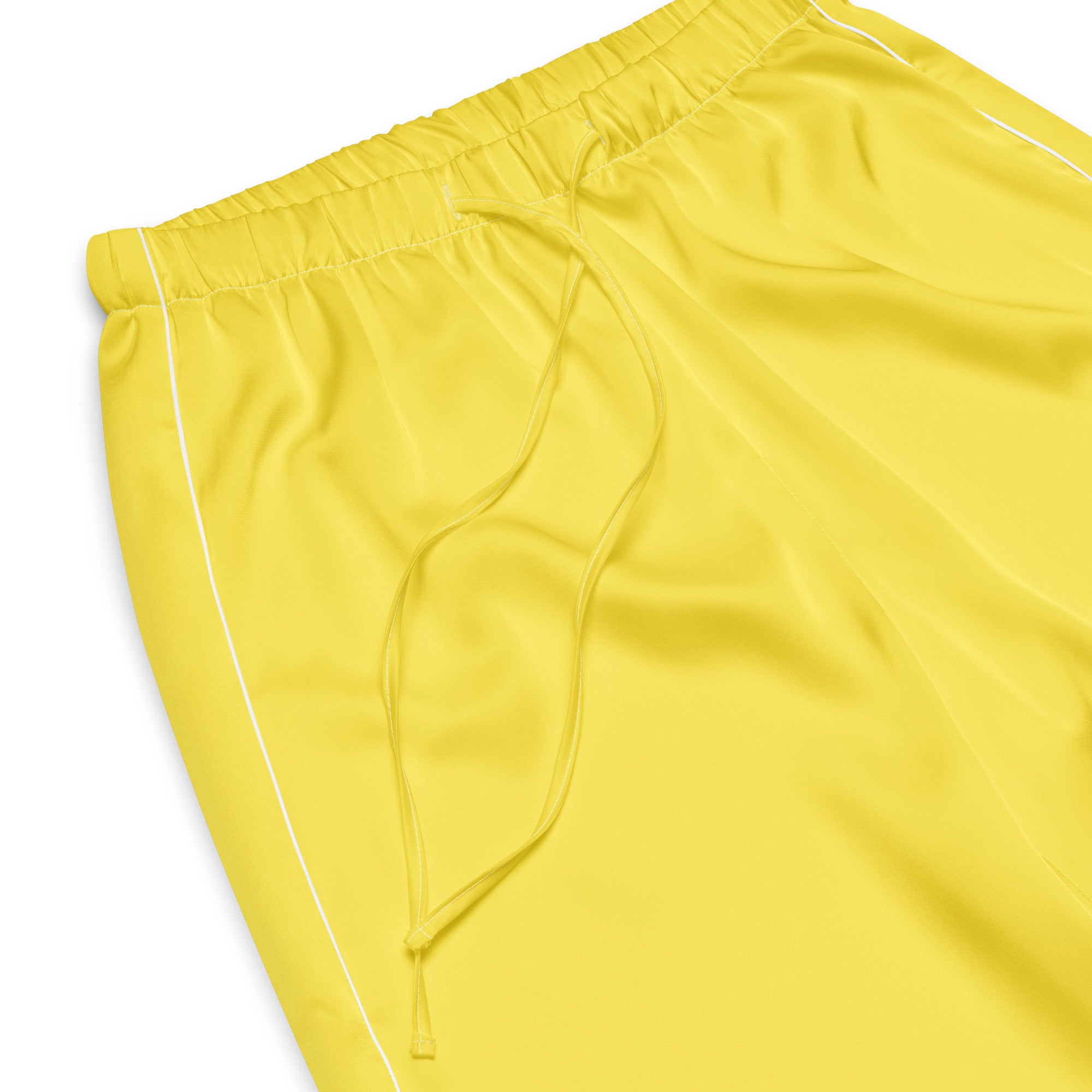 Women’s bright yellow lightweight pajama pants with white piping and drawstring waistband for relaxed fit comfort
