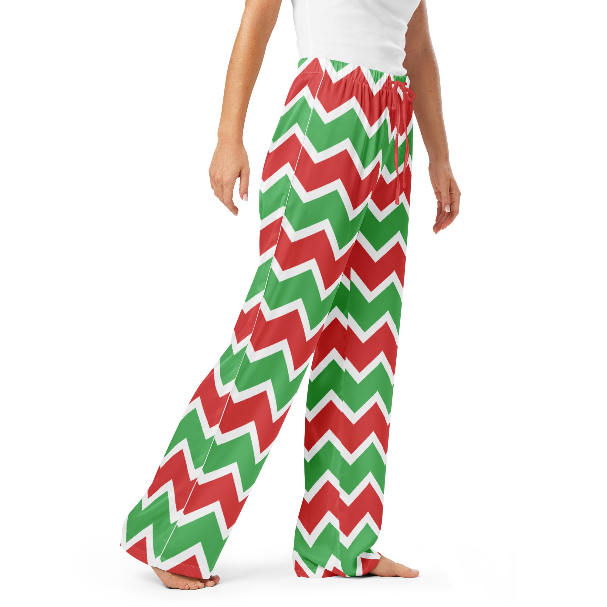 Women’s christmas chevron pajama pants with red and green pattern and white waistband lightweight relaxed fit