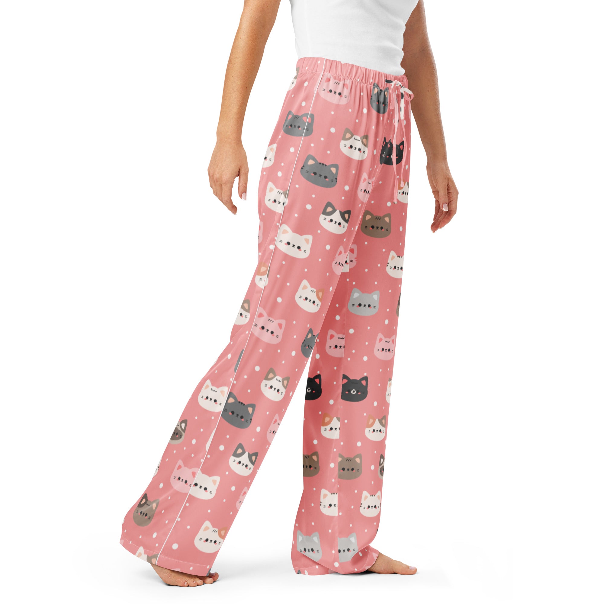 Women’s cute pink cat faces pajama pants with playful cartoon cats in gray white and black on lightweight fabric