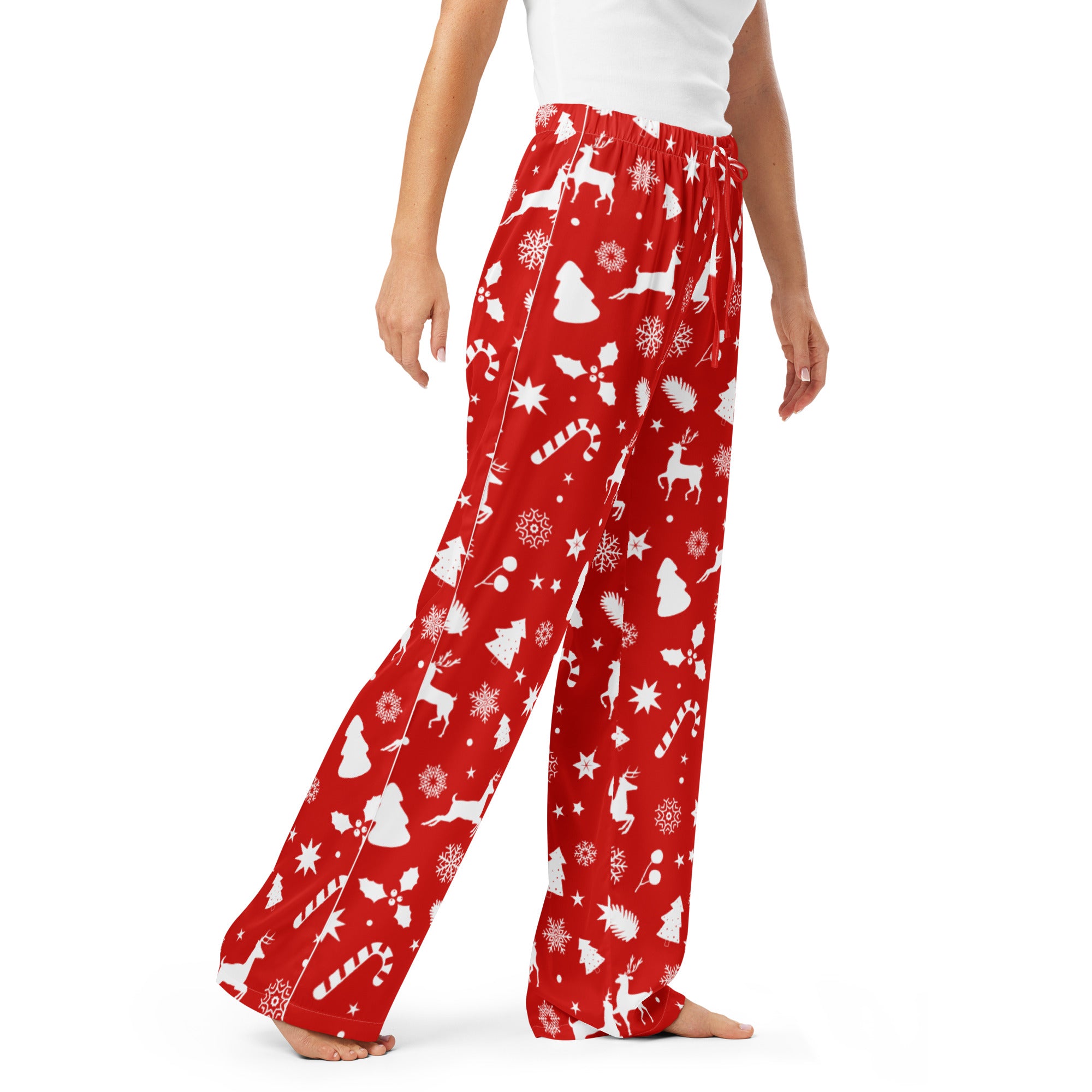 Women’s red Christmas pajama pants with white reindeer candy canes snowflakes and trees lightweight relaxed fit