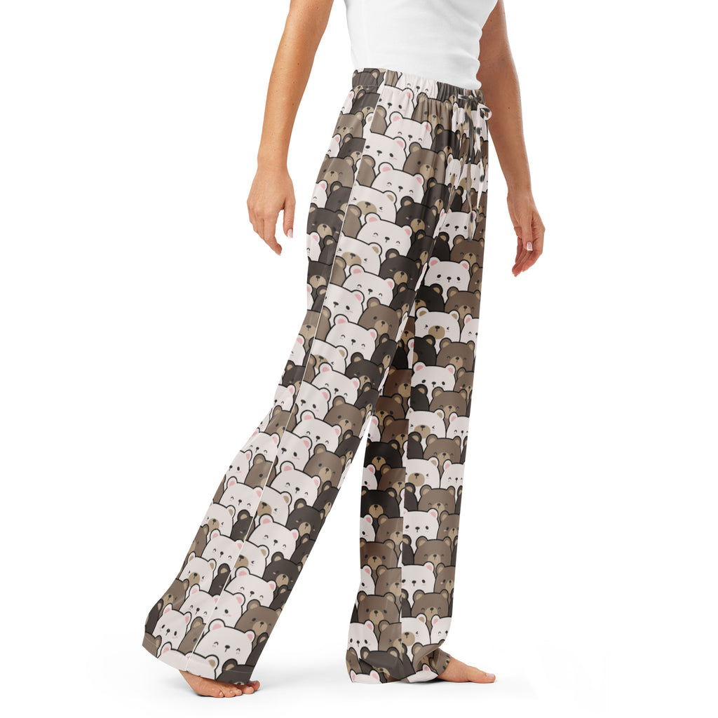 Women’s lightweight relaxed fit pajama pants with drawstring waist featuring white and brown cartoon bears on soft fabric
