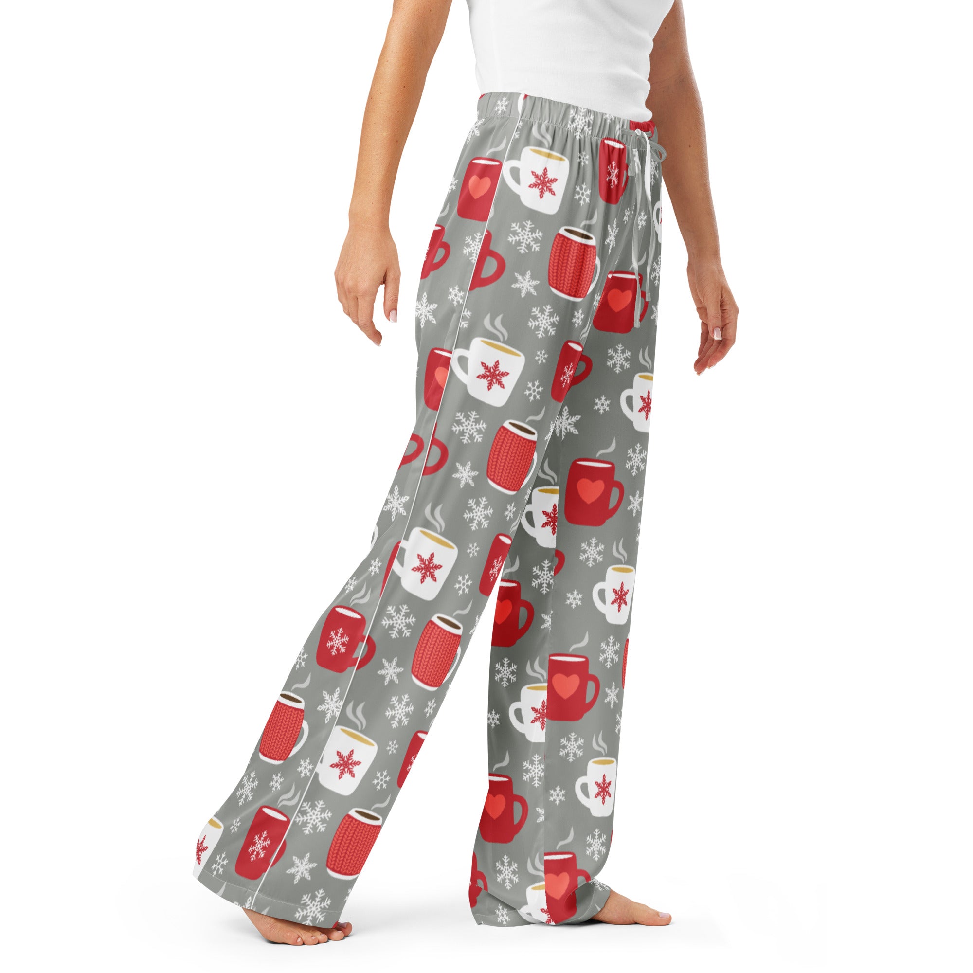 Women’s gray lightweight pajama pants with festive red and white mug pattern and drawstring waist for Christmas comfort