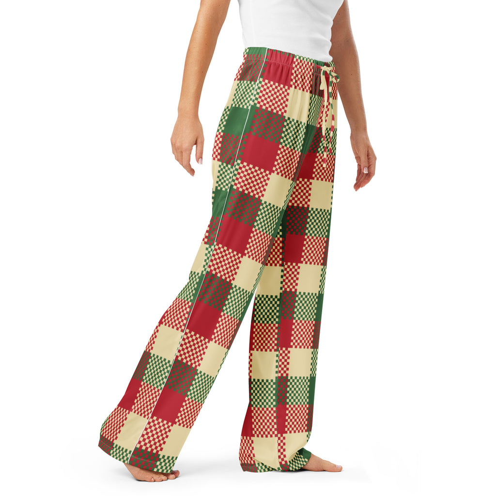 Women’s lightweight relaxed fit christmas plaid pajama pants in red green and beige checkered pattern with drawstring waist