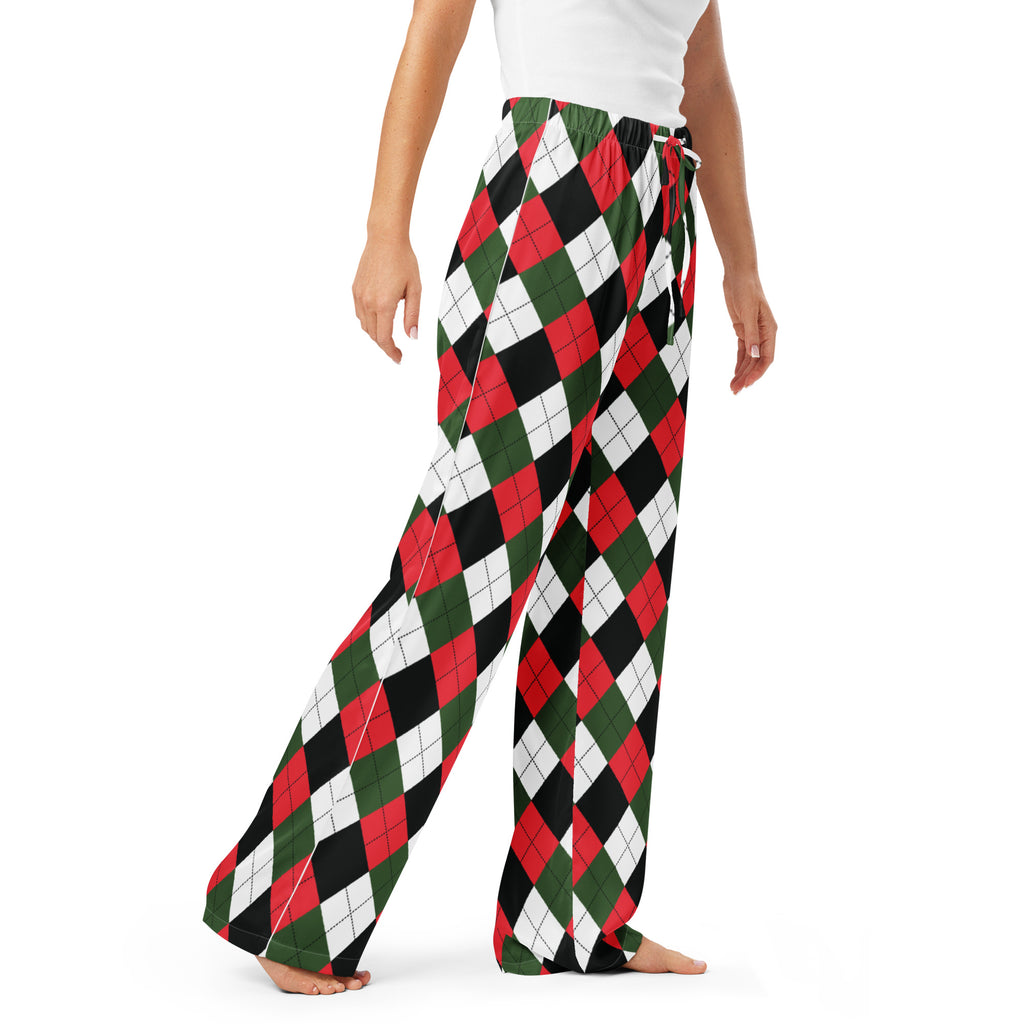 Women’s lightweight relaxed fit fluffy wide-leg christmas argyle pajama pants with red green black and white pattern