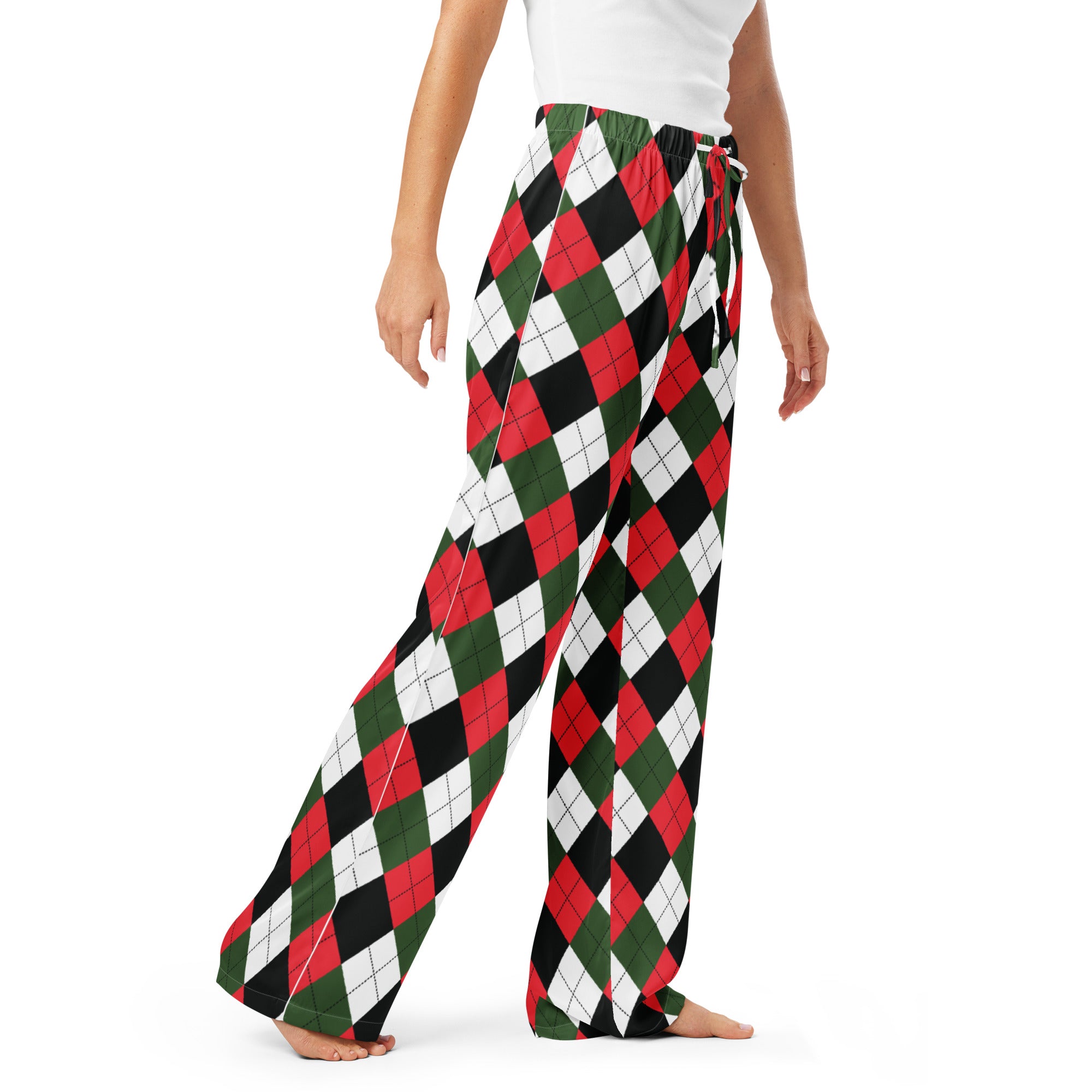 Women’s lightweight relaxed fit fluffy wide-leg christmas argyle pajama pants with red green black and white pattern