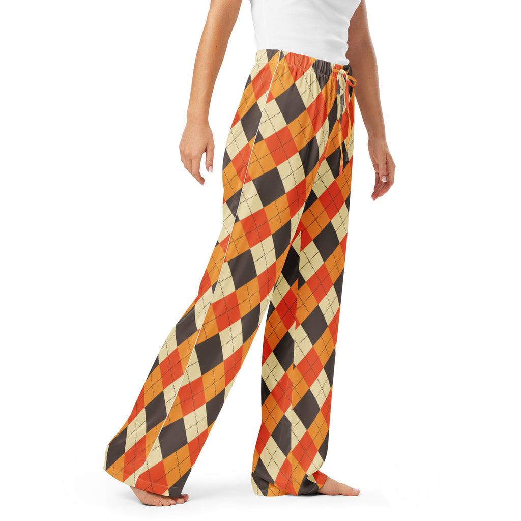 Women’s fall argyle pajama pants with a bold orange black and cream pattern lightweight fluffy wide-leg fit with drawstring waist