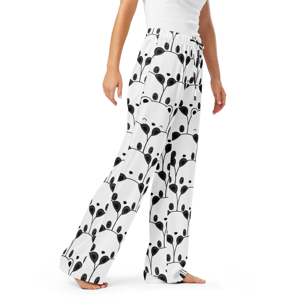 White women’s panda print pajama pants with playful black panda and leaf pattern lightweight relaxed fit with drawstring waist