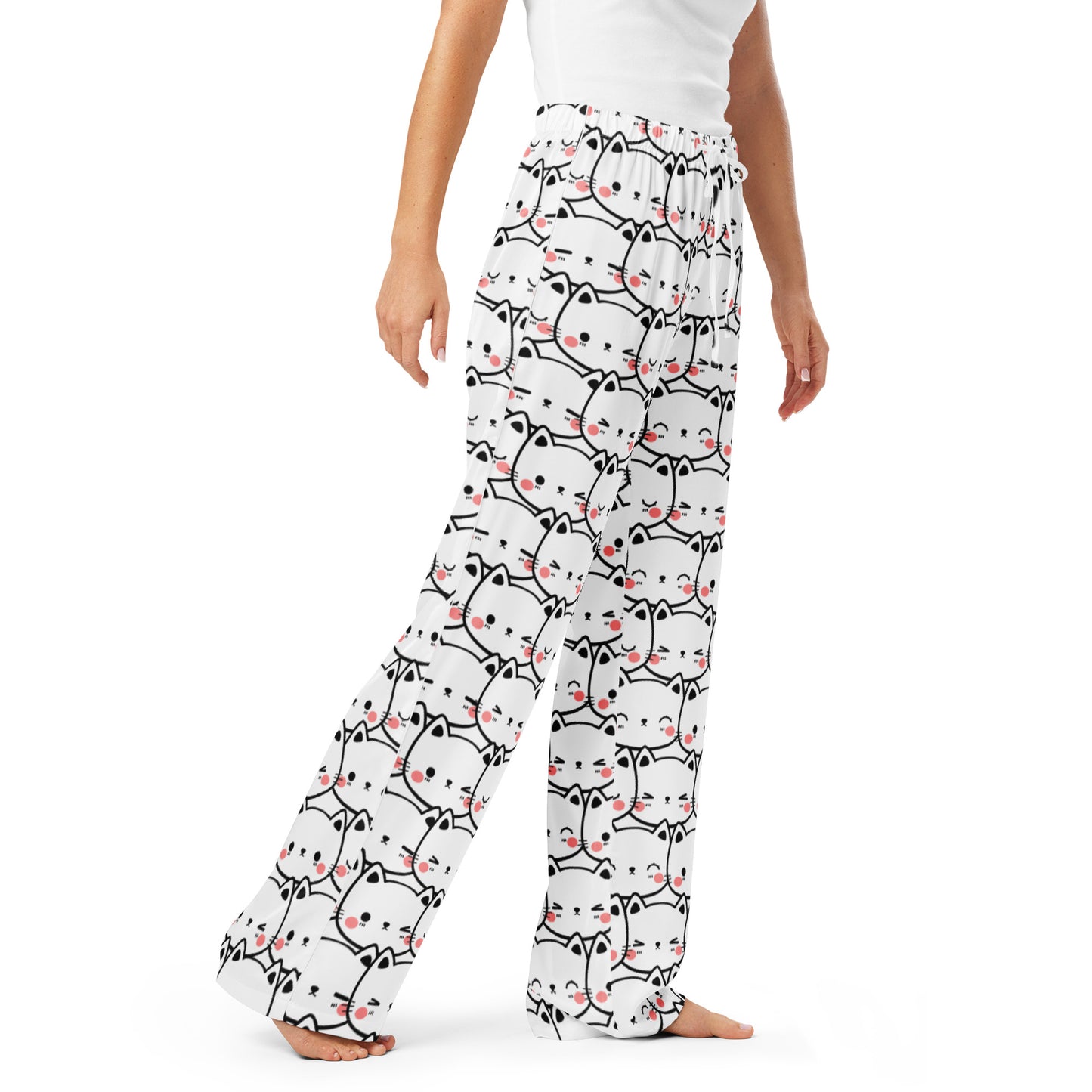 Women’s White Cat Print Pajama Pants – Lightweight Relaxed Fit with Drawstring Waist