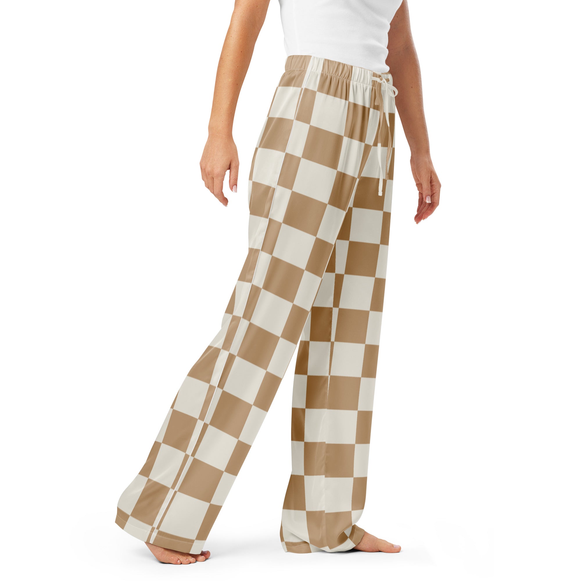 Women’s neutral beige and white checkered wide-leg pajama pants with elastic waistband and drawstring for lightweight comfort