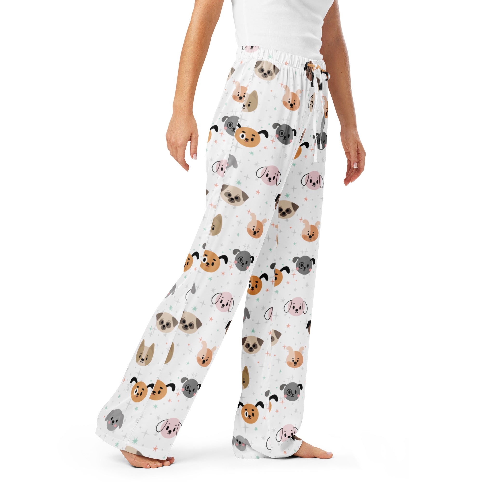 Women’s white lightweight dog face pajama pants with colorful cartoon dog pattern and drawstring waist for relaxed fit