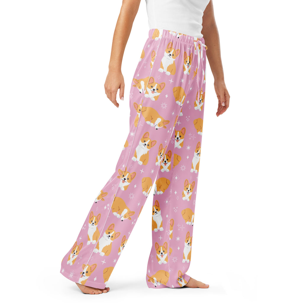 Women’s pink lightweight corgi dog pajama pants with playful orange and white cartoon corgi pattern and drawstring waist