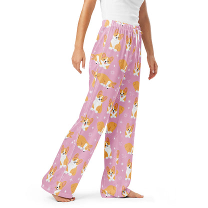 Women’s Pink Corgi Dog Pajama Pants – Lightweight Relaxed Fit with Drawstring Waist
