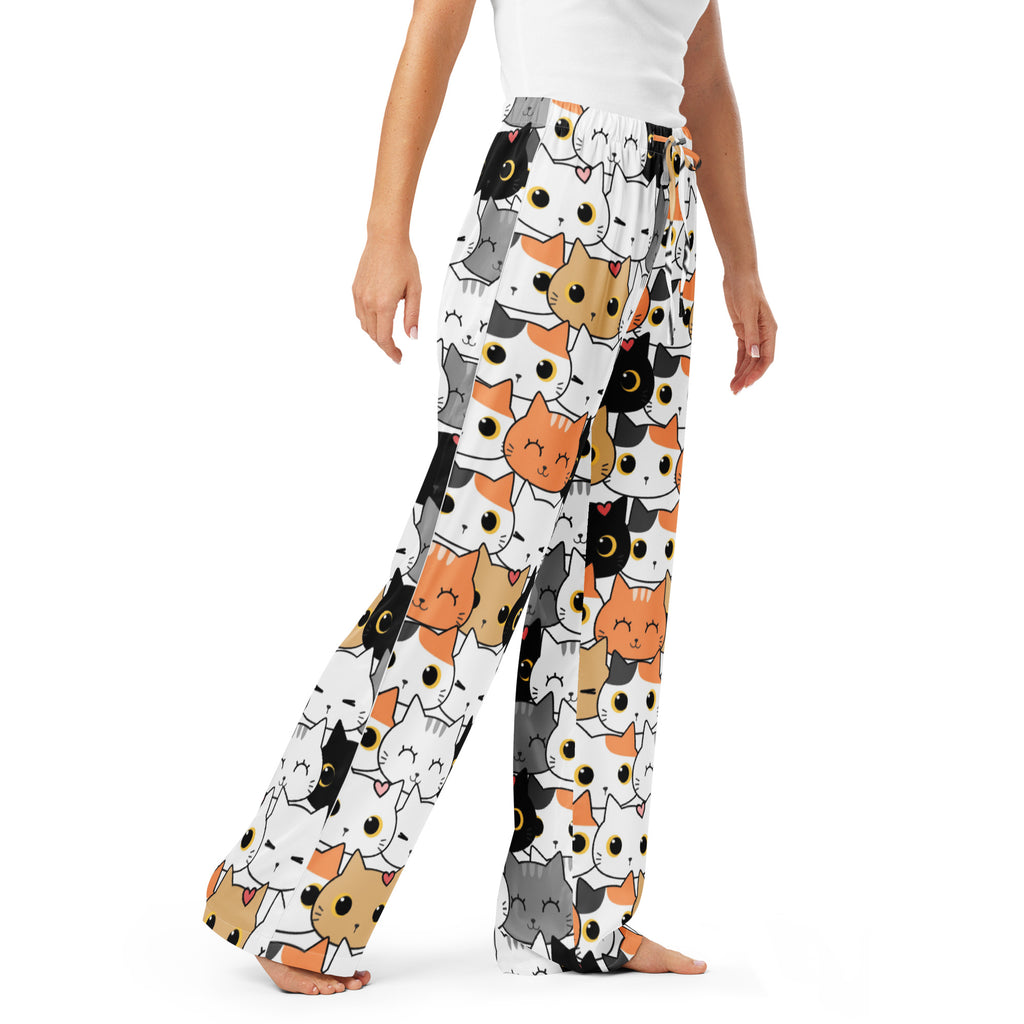 White women’s lightweight pajama pants with a relaxed fit and drawstring waist featuring colorful cartoon cats