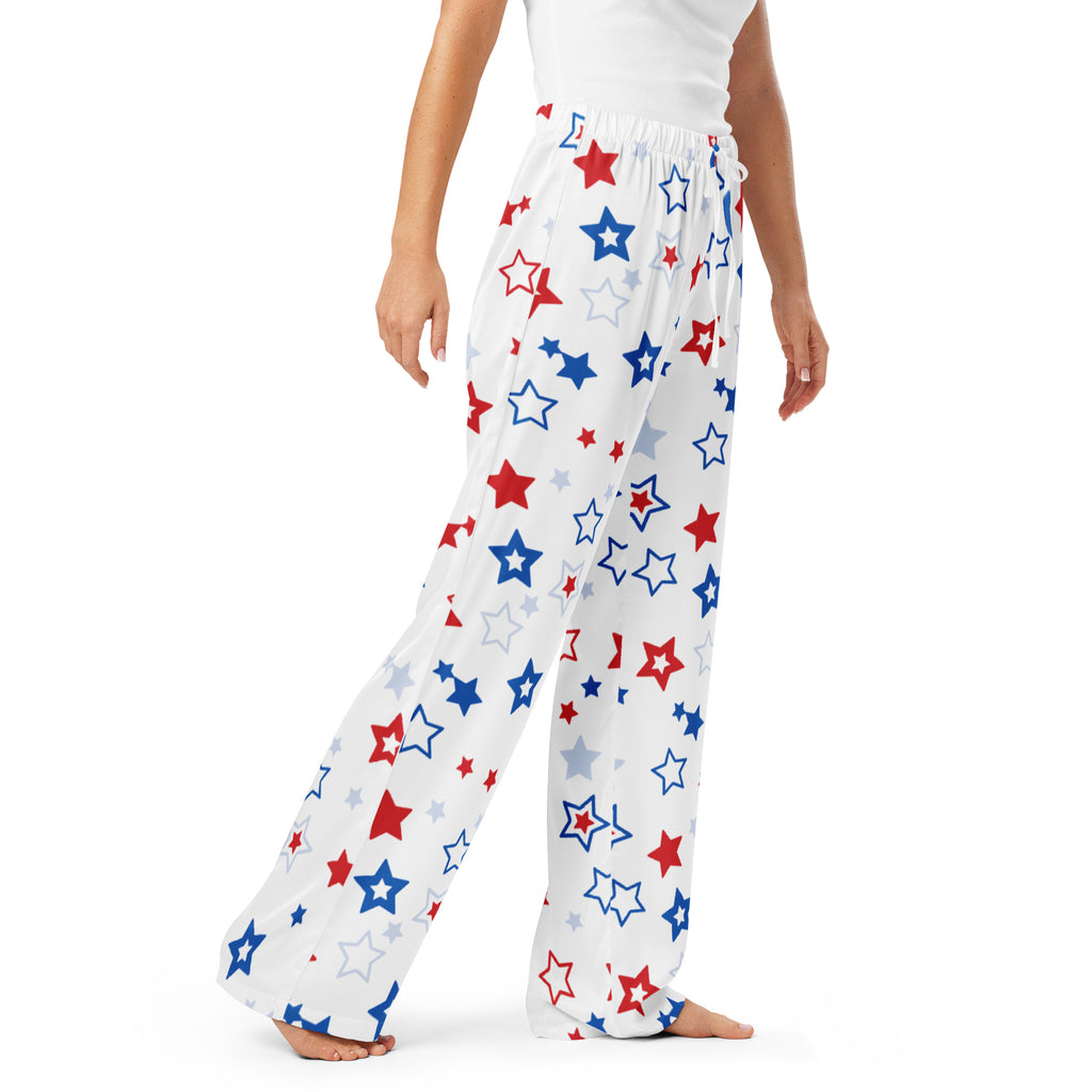 Women’s white lightweight pajama pants with a relaxed fit and patriotic red blue silver star pattern and drawstring waist