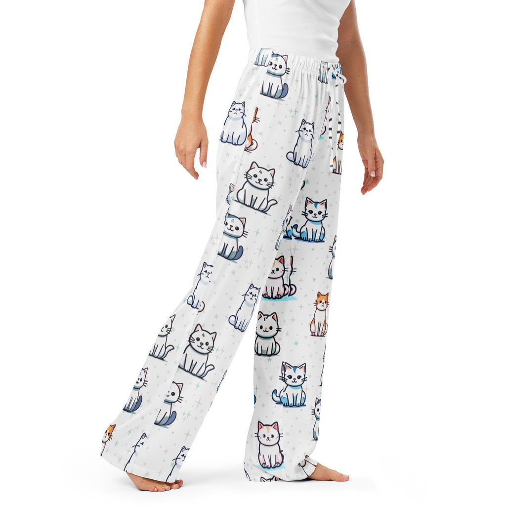 White lightweight women’s pajama pants with colorful cartoon cat pattern and drawstring waist for relaxed fit