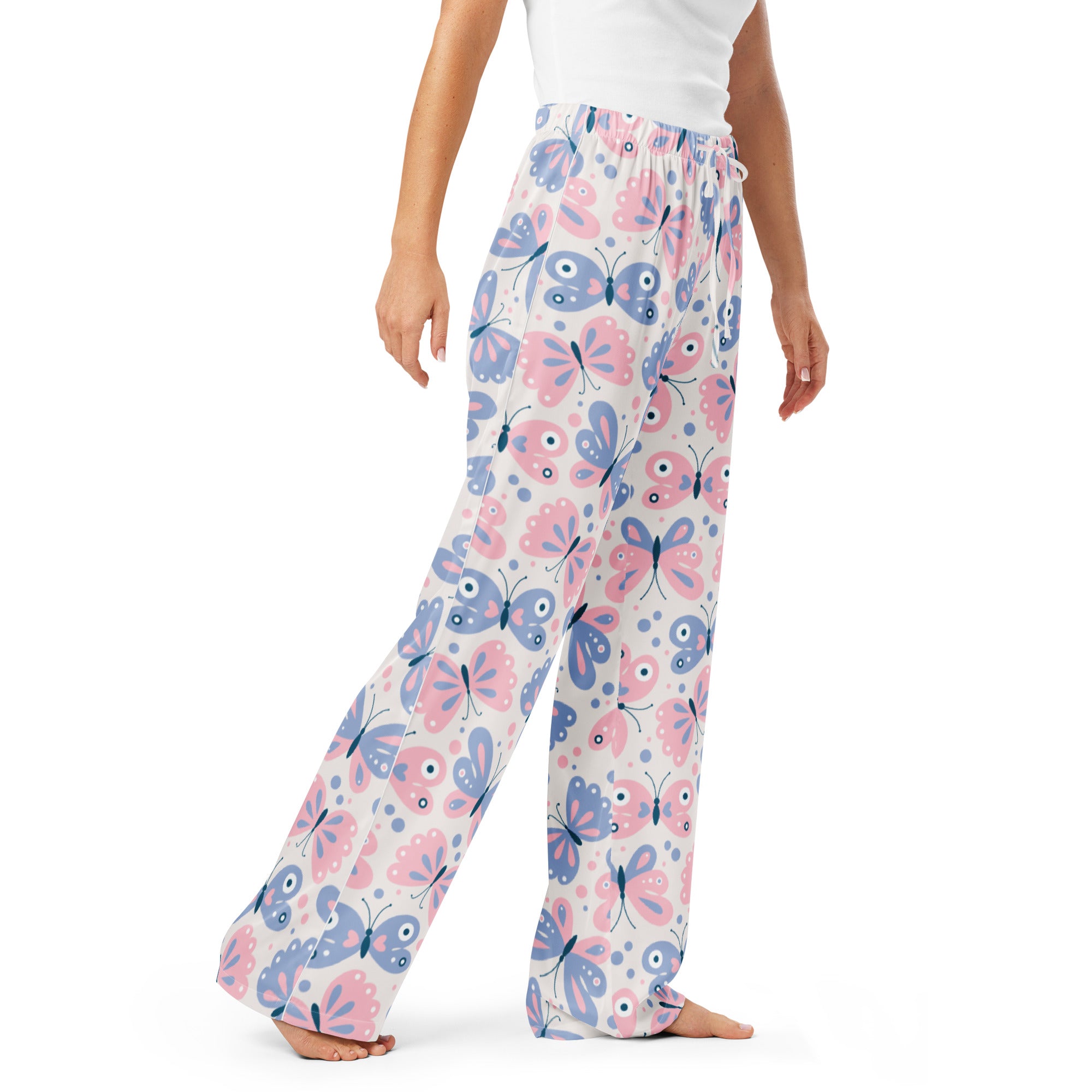 Women’s pink and purple butterfly wide-leg pajama pants with drawstring waist lightweight relaxed fit