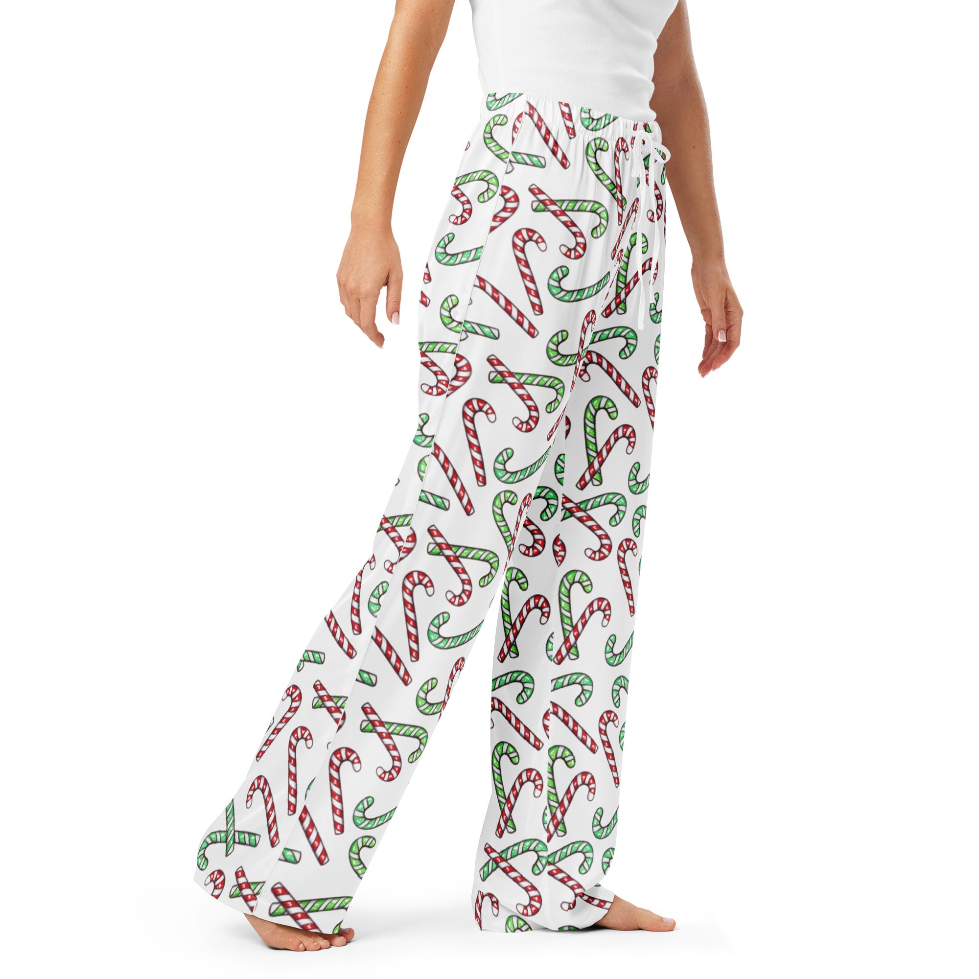 Women’s Red & Green Candy Cane Pajama Pants – Lightweight Relaxed Fit with Drawstring Waist
