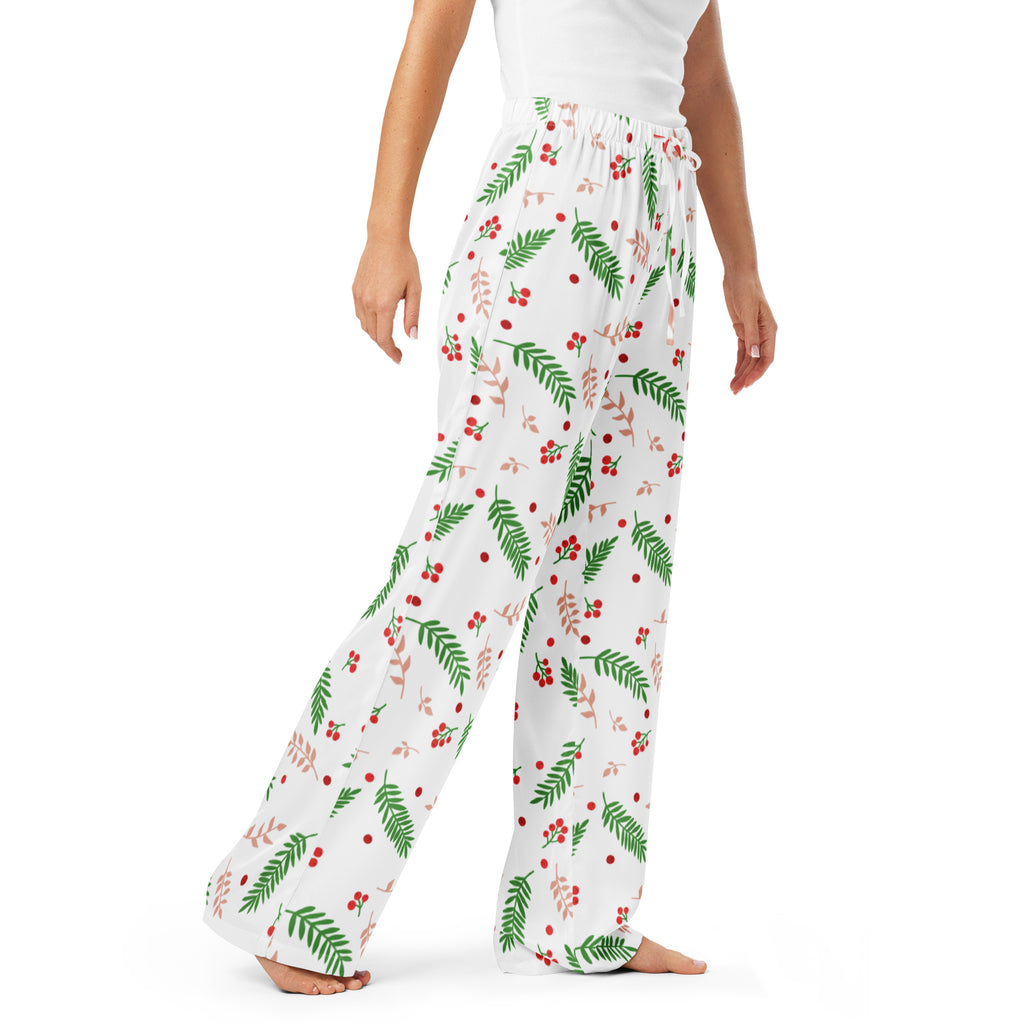 Women’s white christmas berry and pine pajama pants with green leaves red berries on lightweight flowing fabric