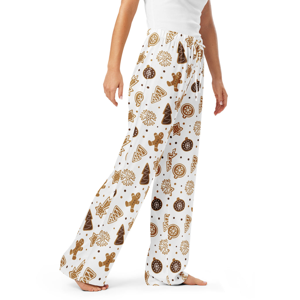 White women’s gingerbread cookie christmas pajama pants with festive pattern lightweight relaxed fit with drawstring waist