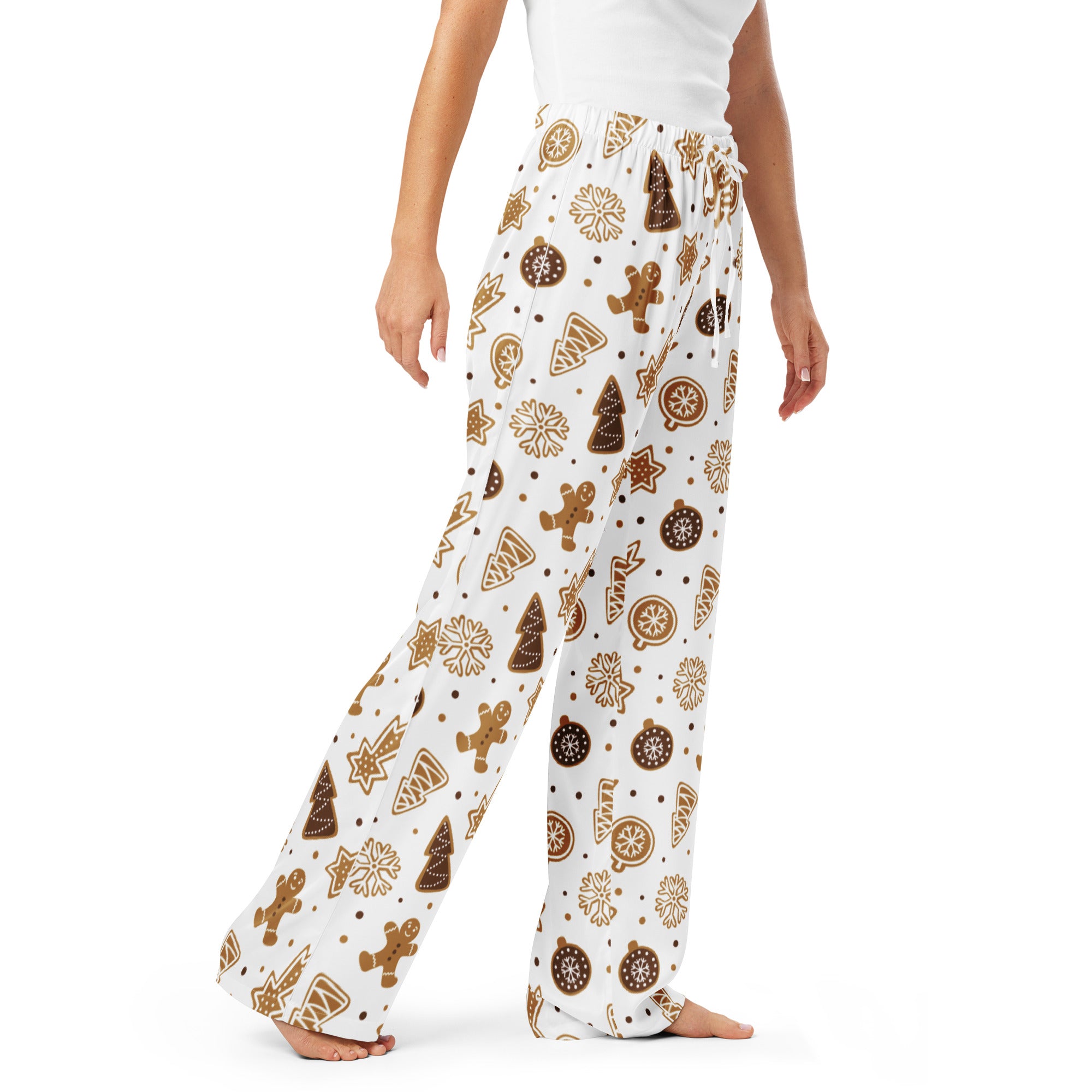 White women’s gingerbread cookie christmas pajama pants with festive pattern lightweight relaxed fit with drawstring waist