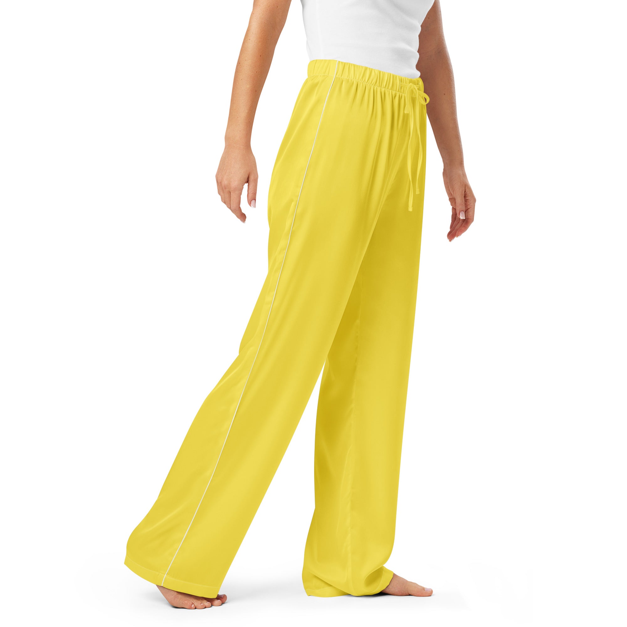 Women’s bright yellow lightweight wide-leg pajama pants with drawstring waist and subtle white side piping